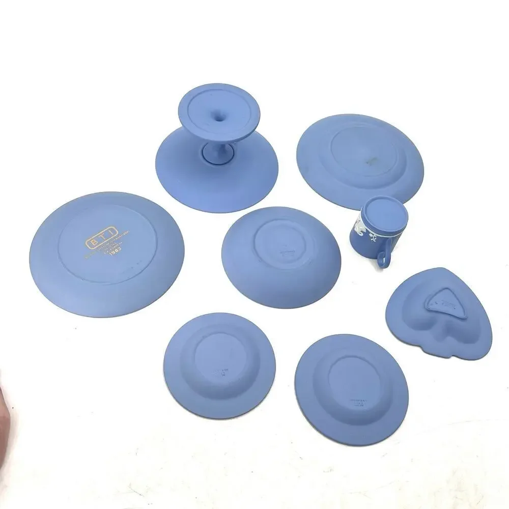 7 Pc Vintage Blue Wedgwood Jasperware Trinket Dishes Astray Plates Cup